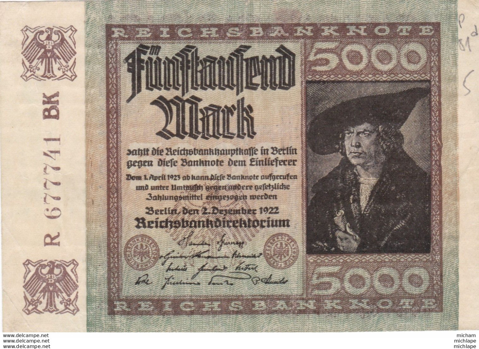 5000 Mark - Allemagne  -   Reichsbanknote - Decembre  1922   - R 677741 B K - Unclassified