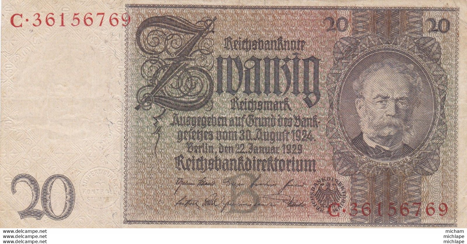 20 Mark - Allemagne  -   Reichsbanknote - 1924  - C 36156769 - Ohne Zuordnung