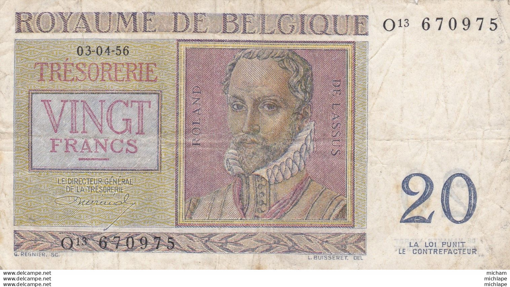 20  Francs  Belge   - 1956 - O 13 - 670975 - Altri & Non Classificati