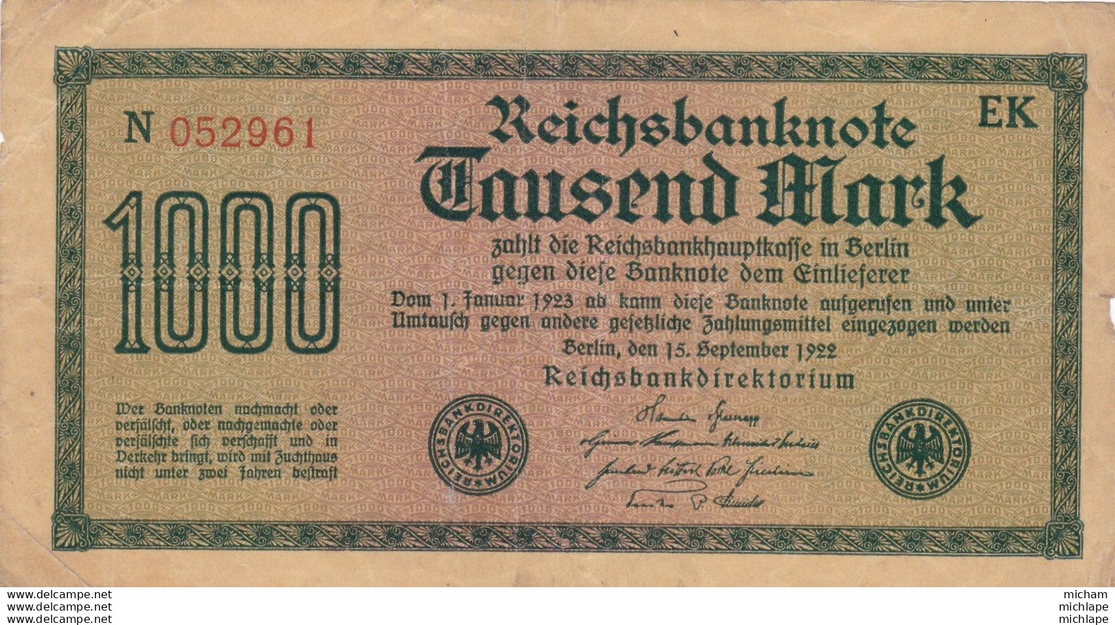 1000 Mark - Allemagne  -   Reichsbanknote - 1923  - N 052961 - Non Classés