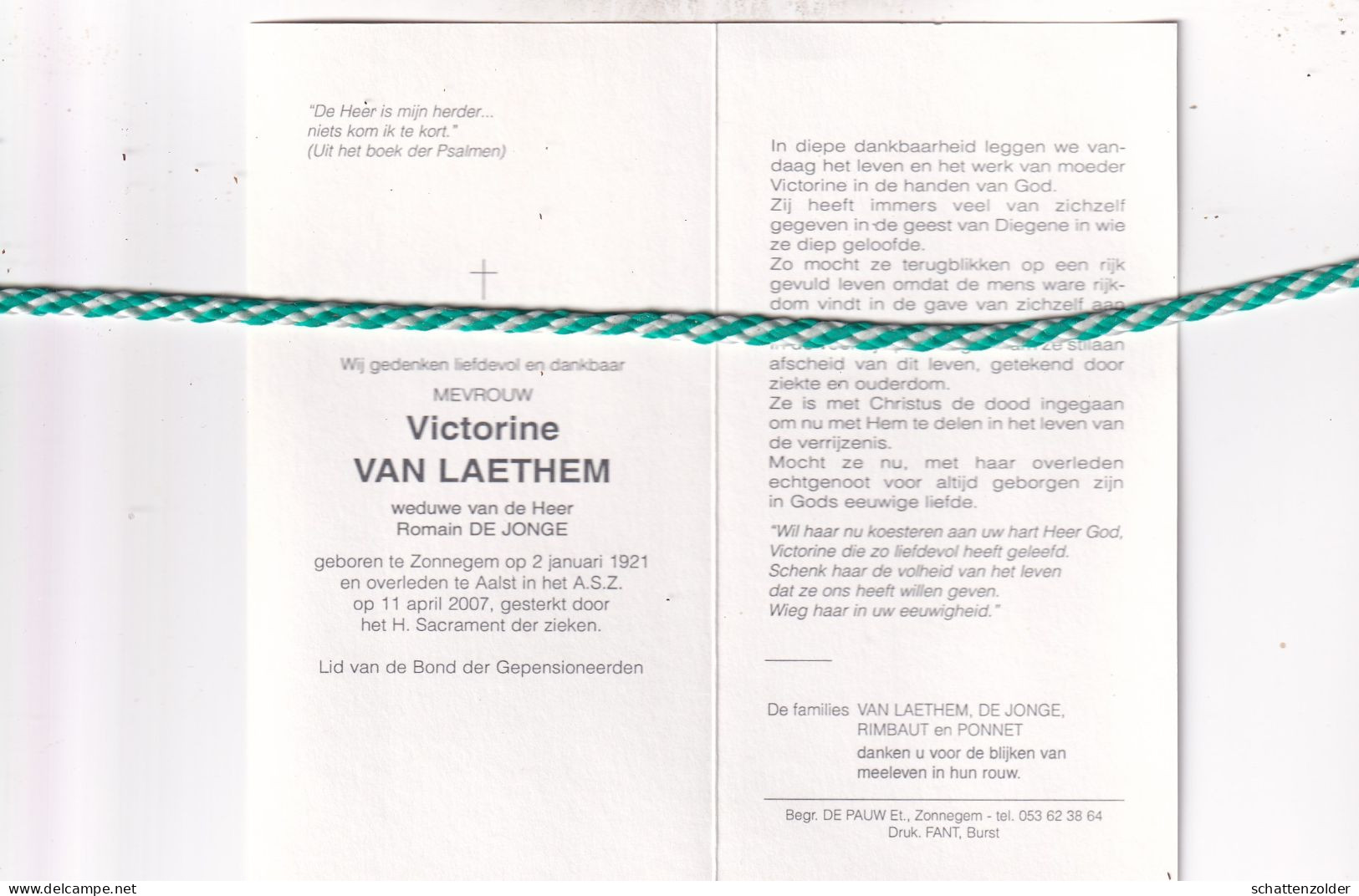 Victorine Van Laethem-De Jonge, Zonnegem 1921, Aalst 2007 - Obituary Notices