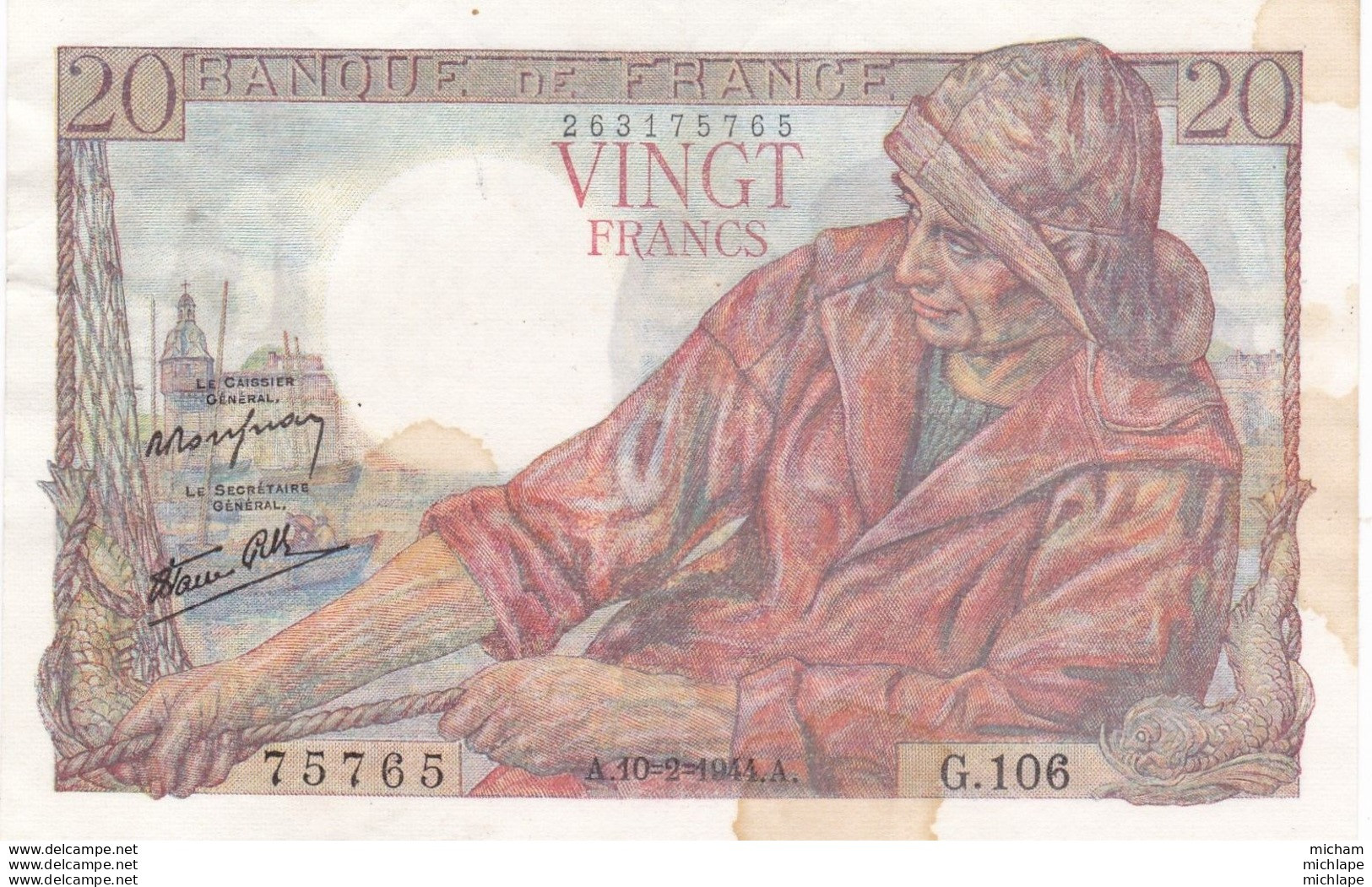 20 Francs Pecheur  1944 G 106 Plis Central  - Pas De Trous  D'epingles - Taches Vendu En L'etat - 20 F 1942-1950 ''Pêcheur''