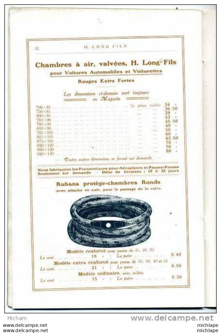 CATALOGUE 1913 POUR PNEUMATIQUES  ET ACCESSOIRES  H.LONG A LEVALLOIS PERRET  FORMAT 16X24  32 PAGES    BON ETAT - Autres & Non Classés