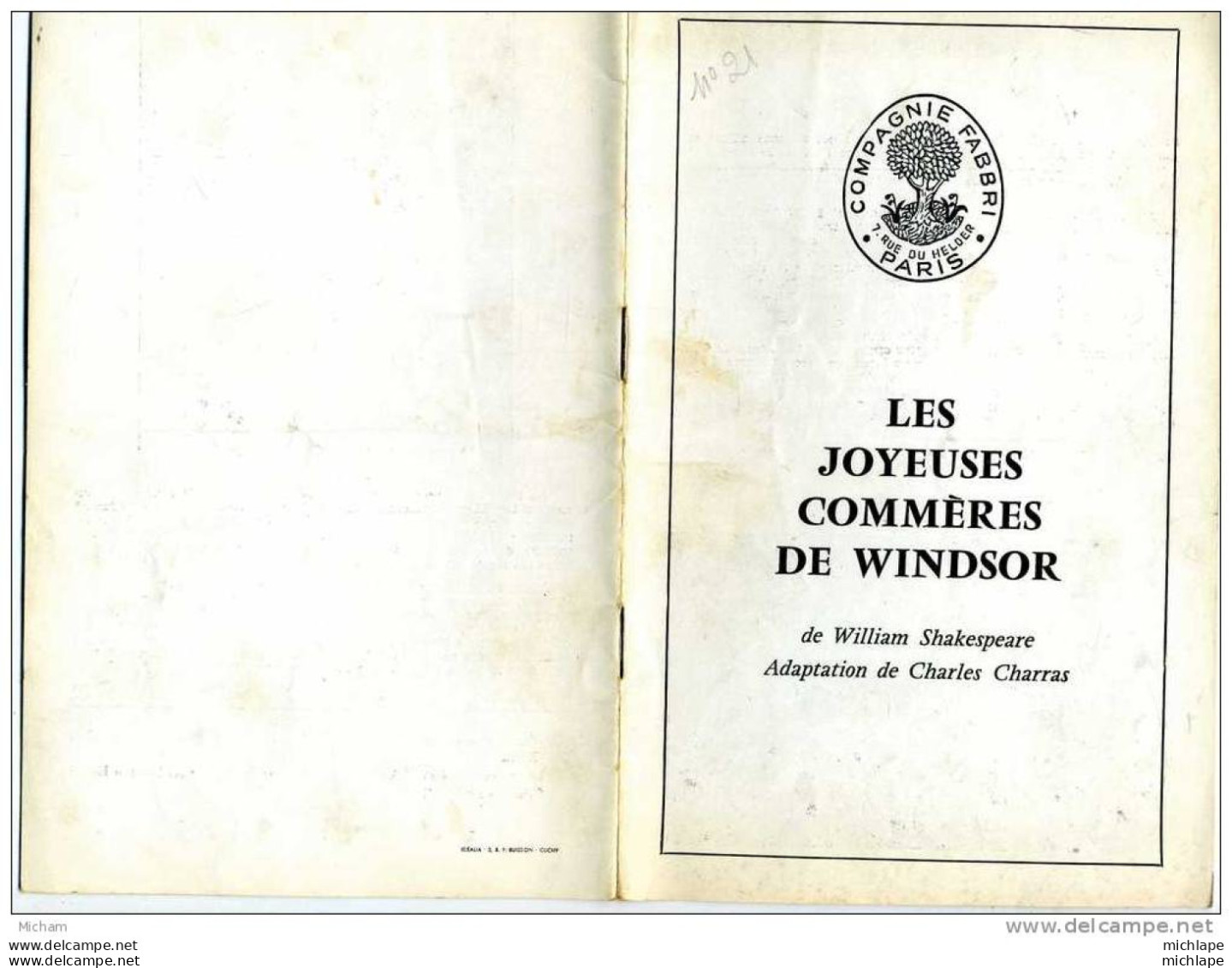 N°21 TEHATRE.COMPAGNIE FABRI   (LES JOYEUSES COMMERES DE WINDSOR DE W.SHAKES )AVEC J. FABRI.F.SEIGNER .ECT - Programme