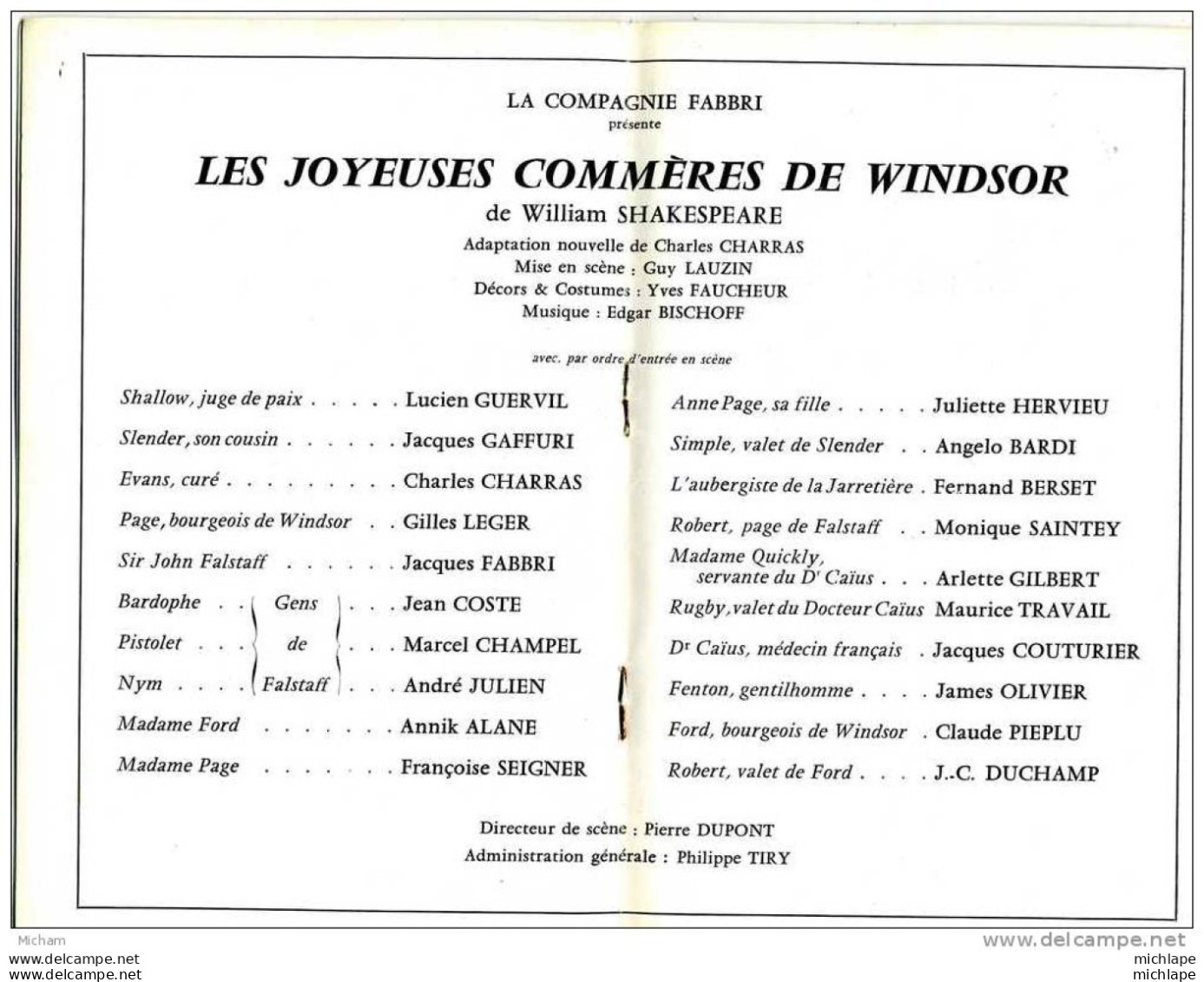 N°21 TEHATRE.COMPAGNIE FABRI   (LES JOYEUSES COMMERES DE WINDSOR DE W.SHAKES )AVEC J. FABRI.F.SEIGNER .ECT - Programme