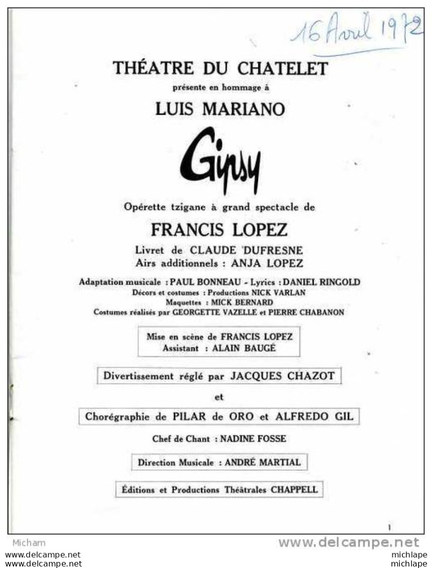 N°31  PROGRAMME  DU  CHATELET    21X27   GIPSY - Programmes