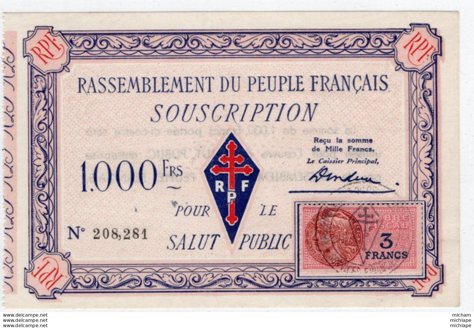 Billet De Souscription De 1000 Francs   Du  R P F  Neuf - - Bonds & Basic Needs