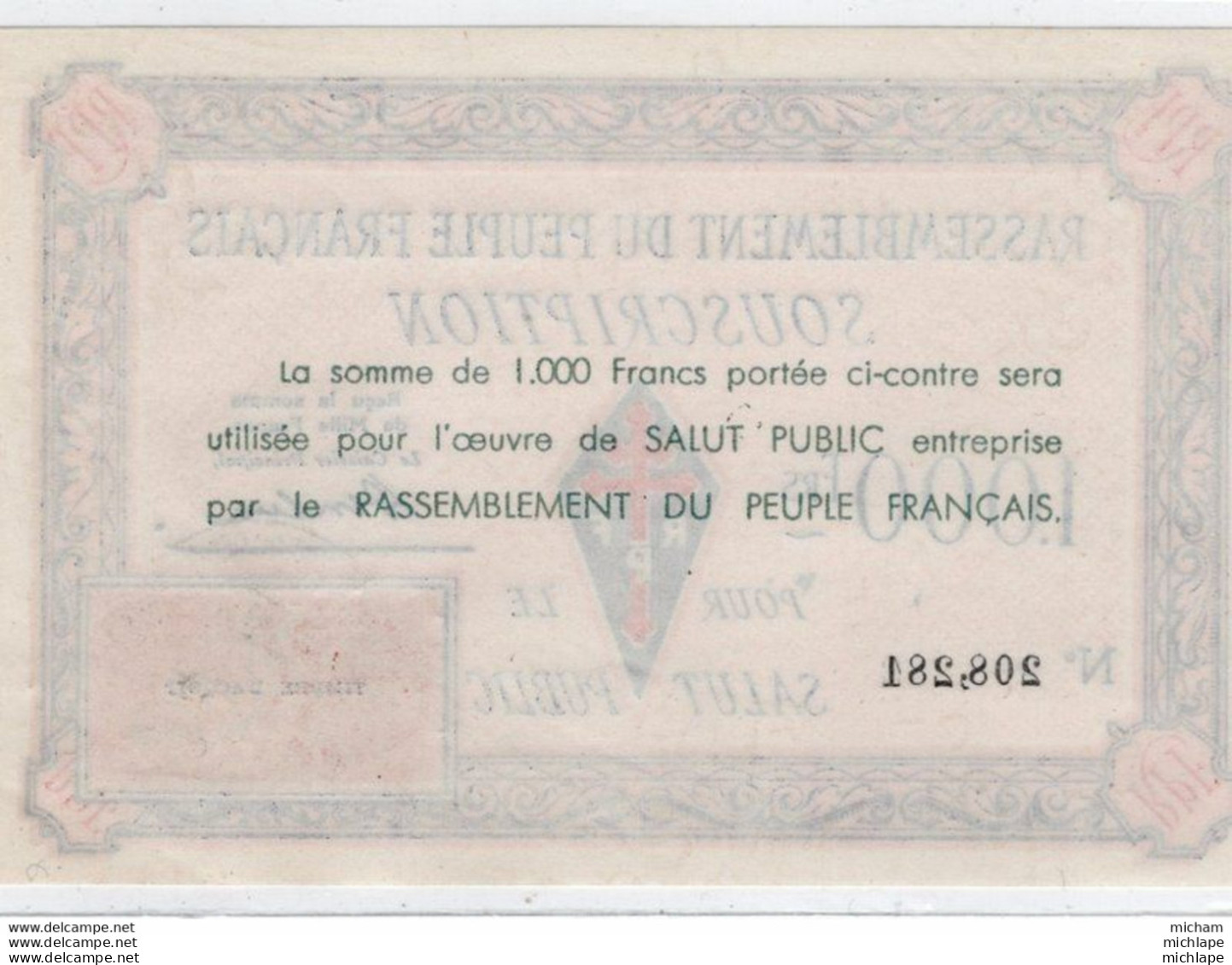 Billet De Souscription De 1000 Francs   Du  R P F  Neuf - - Bons & Nécessité