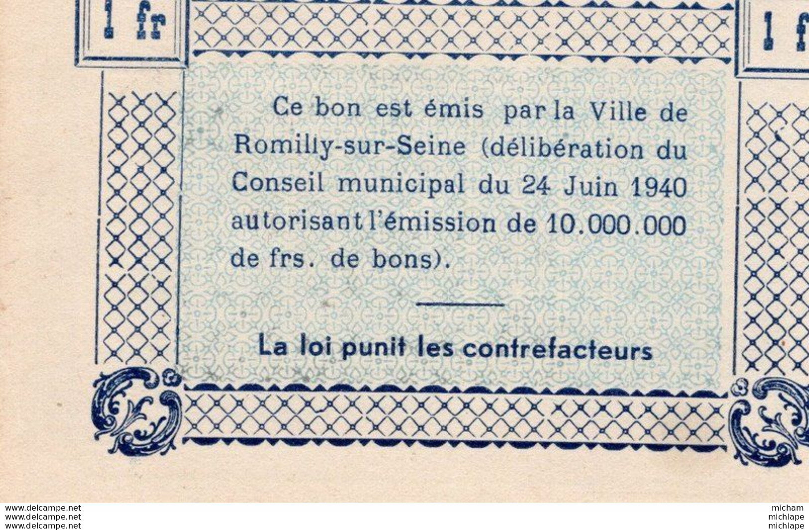 Billet De Necessité De 1 Francs De La Ville  De  Romilly Sur Seine  Neuf - Bons & Nécessité