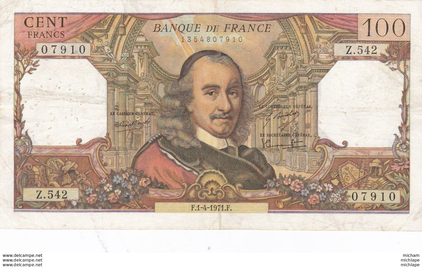 100 Francs Corneille 1971   Trous D'epingles - 100 F 1964-1979 ''Corneille''