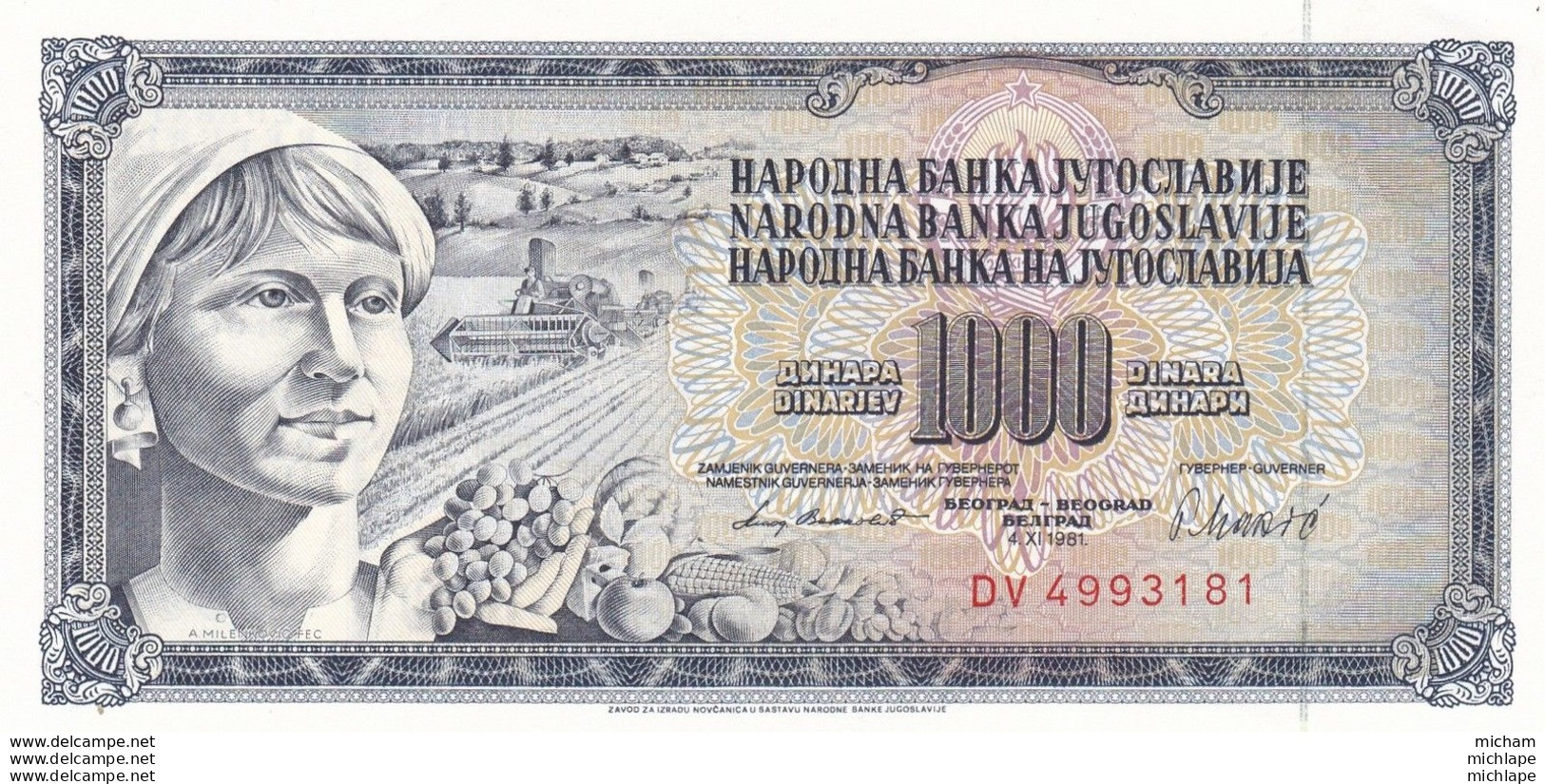 1000 Dinars Yougolavie  Neuf - Yougoslavie