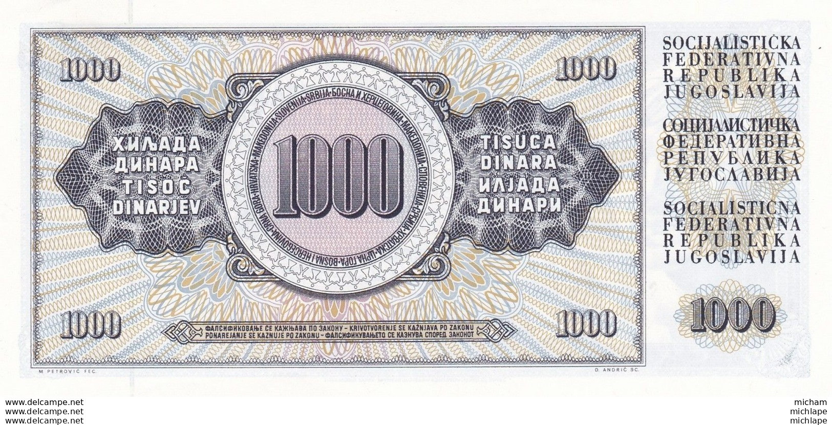 1000 Dinars Yougolavie  Neuf - Jugoslawien