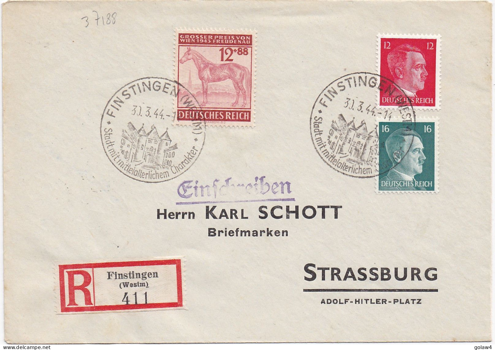 37188# LETTRE RECOMMANDEE Obl FINSTINGEN WESTMARK STADT MIT MITTELALTERLICHEM CHARAKTER 30 Mars 1944 FENETRANGE MOSELLE - Covers & Documents