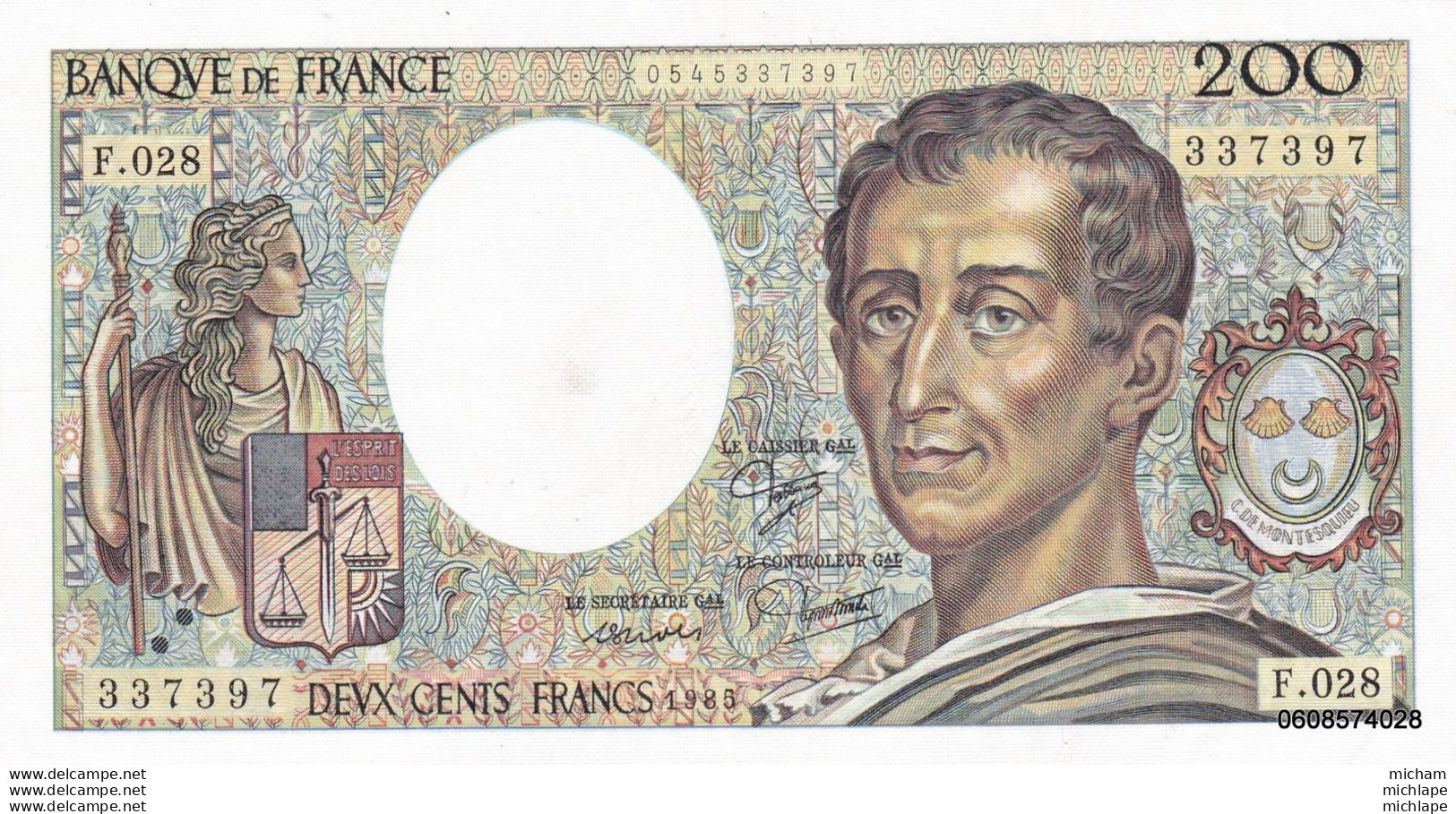 200 Francs  Montesquieu   1985  F  028   S P L - 200 F 1981-1994 ''Montesquieu''