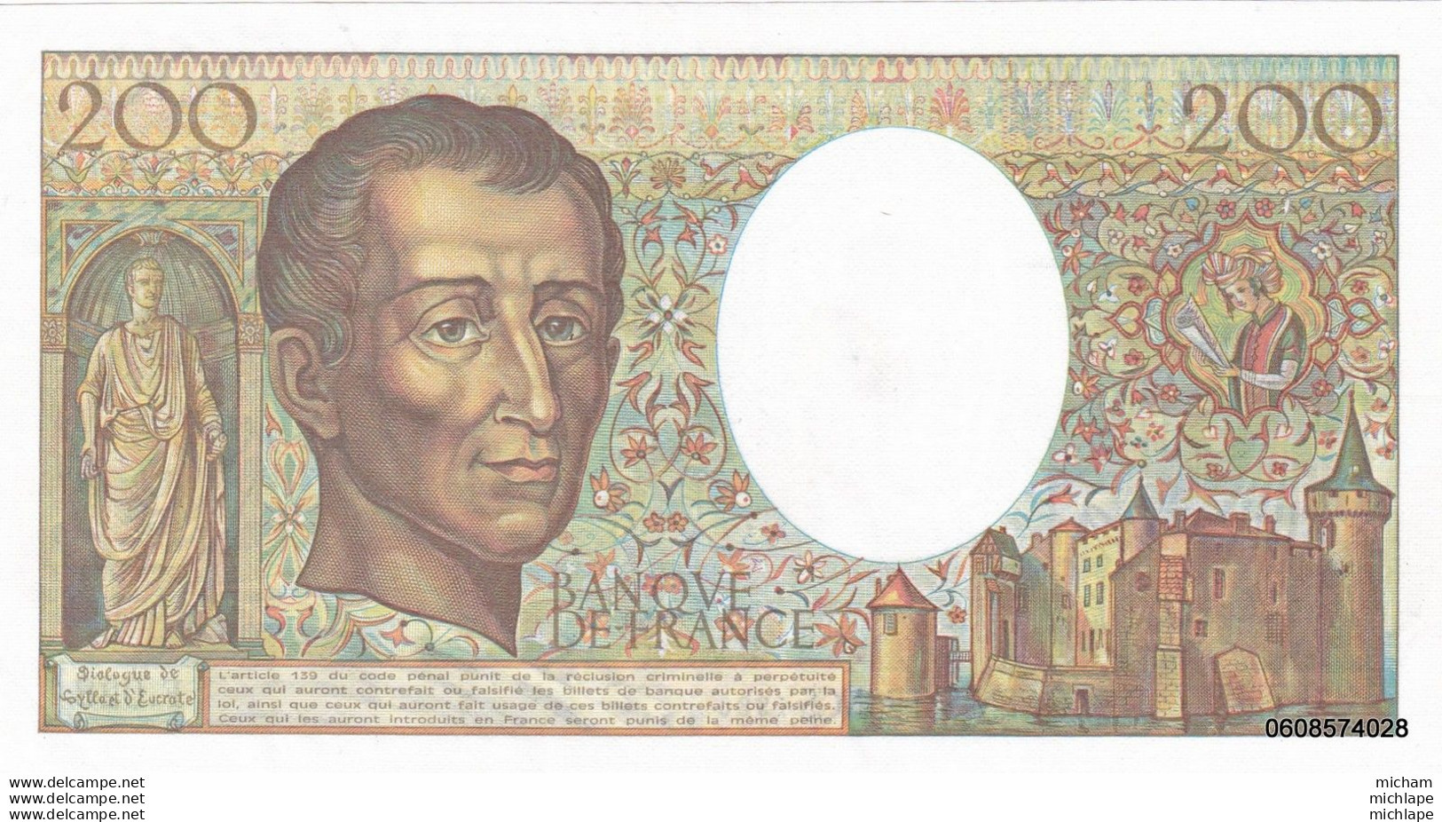 200 Francs  Montesquieu   1985  F  028   S P L - 200 F 1981-1994 ''Montesquieu''