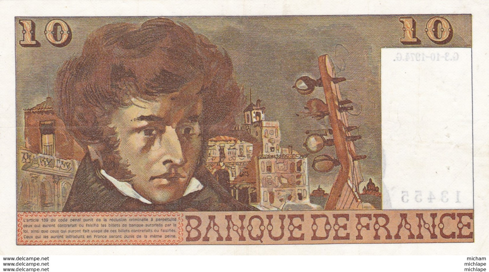 Billet France 10 Francs Berlioz - G .3 - 10 - 1974 . G .   -  C . 89   Tres  Bon Etat - 10 F 1972-1978 ''Berlioz''