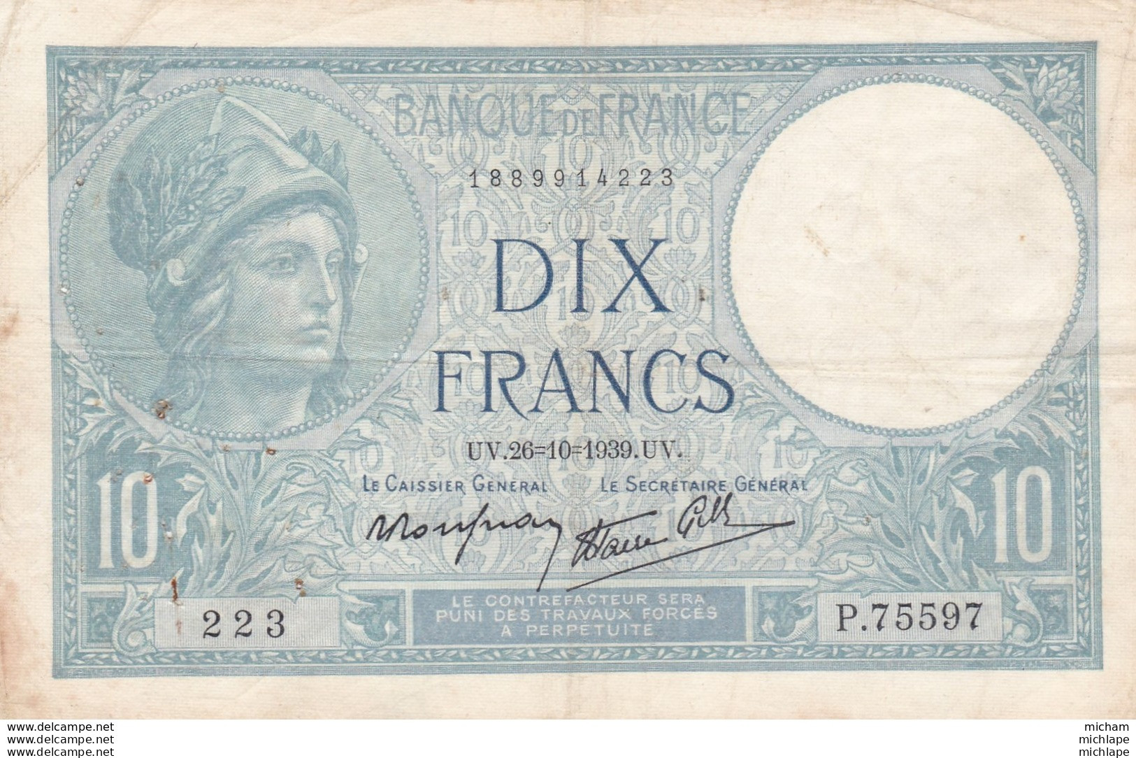 Billet France  10 Francs  Minerve -  U V . 26= 10 = 1939 U V - P . 75597 - Ce Billet A  Circulé - 10 F 1916-1942 ''Minerve''
