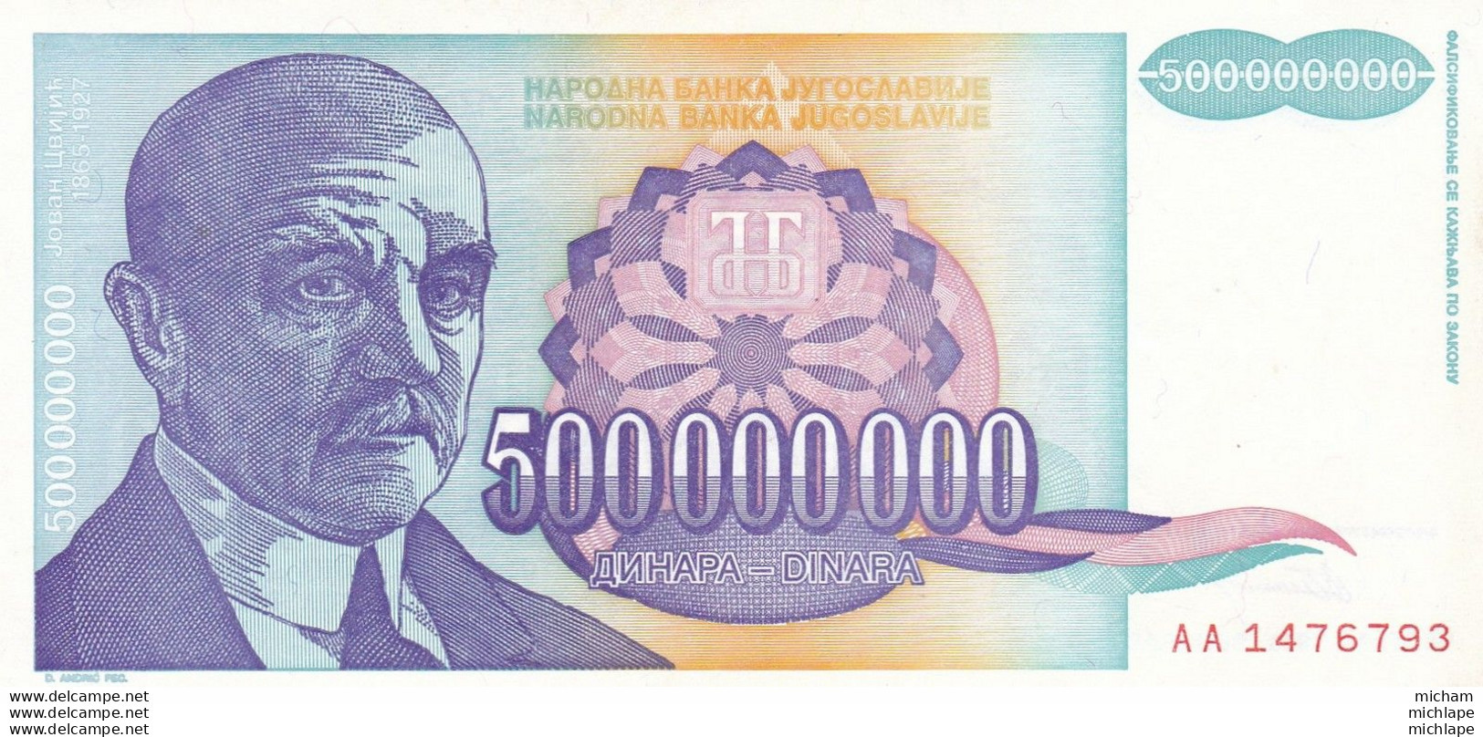 Yougoslavie  500.000000 Dinara  1993 Tres Bon état - Jugoslavia