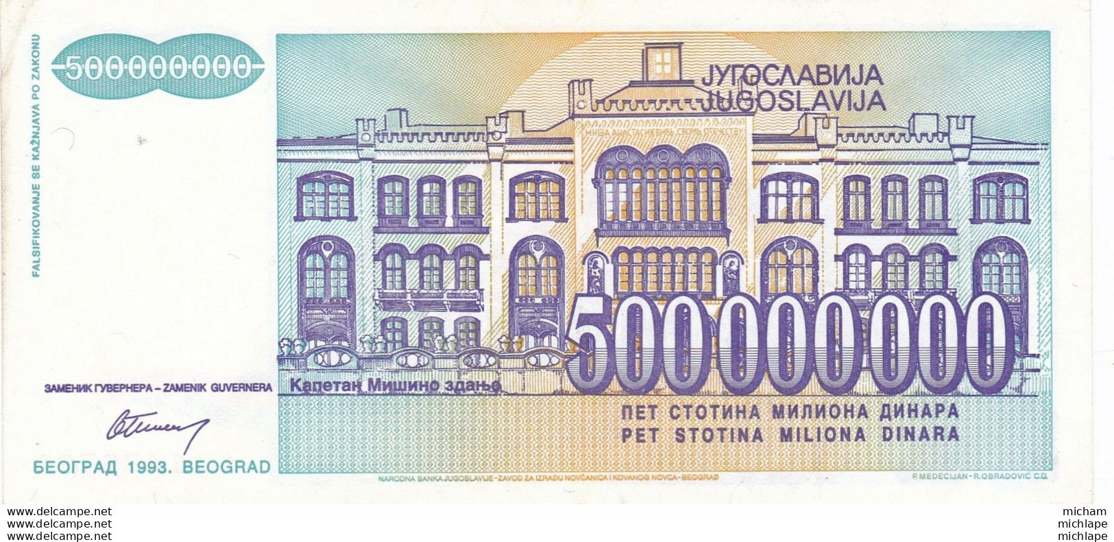 Yougoslavie  500.000000 Dinara  1993 Tres Bon état - Jugoslavia