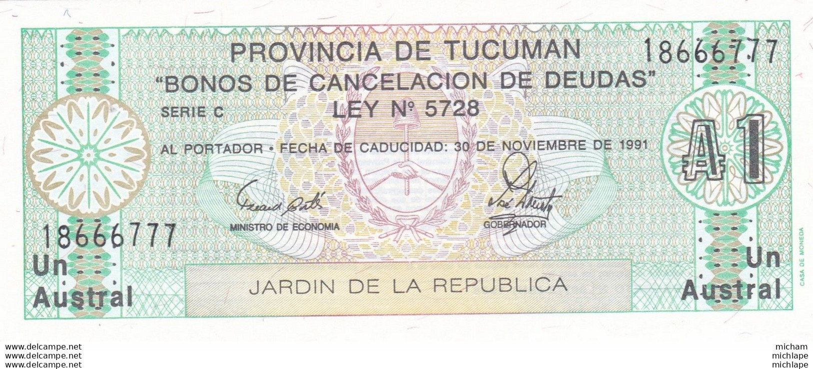 ARGENTINE Argentina - Billet De 1 Austral - Provincia TUCUMAN 1991 - NEUF - Argentina