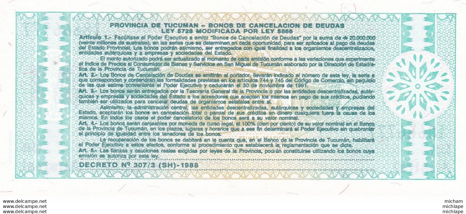 ARGENTINE Argentina - Billet De 1 Austral - Provincia TUCUMAN 1991 - NEUF - Argentine