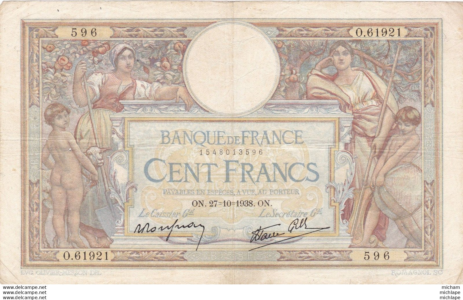 100 Francs - LUC  OLIVIER  MERSON   - L . O  . M - 1938 - 596 - Voir Scan - 100 F 1908-1939 ''Luc Olivier Merson''
