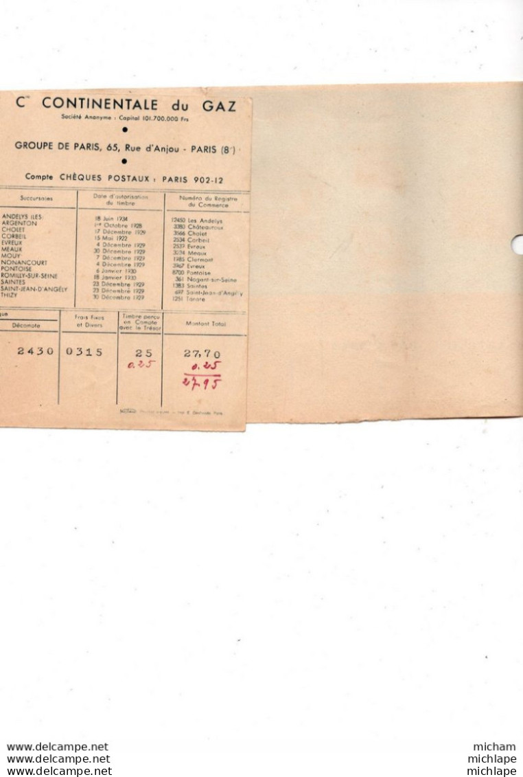 1937 - 10 ROMILLY SUR SEINE - Facture  - GAZ - ROMILLY SUR SEINE- - 1900 – 1949
