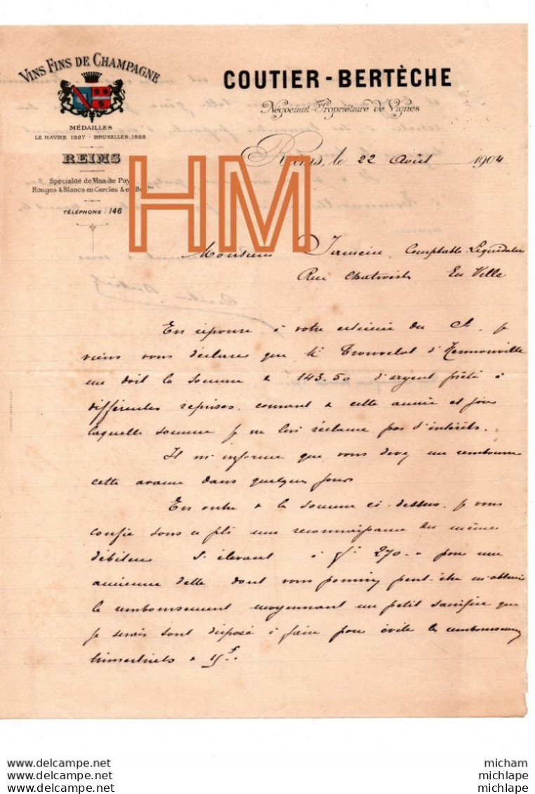 1904 -   51 REIMS  - Facture - Lettre  A  Entête    - VINS DE CHAMPAGNE  - COUTIER - BERTECHE - 1900 – 1949