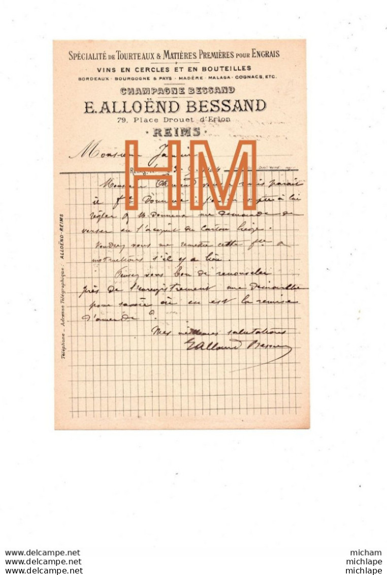 1904 -  51REIMS  - Facture - Lettre  A  Entête    - VINS DE CHAMPAGNE     -  E. ALLOEND BESSAND - 1900 – 1949