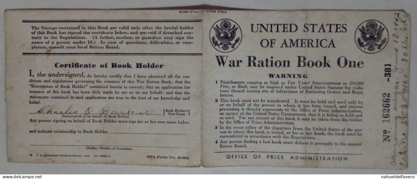 États-Unis - Carte De Rationnement De La Seconde Guerre Mondiale (1942) - Historische Dokumente