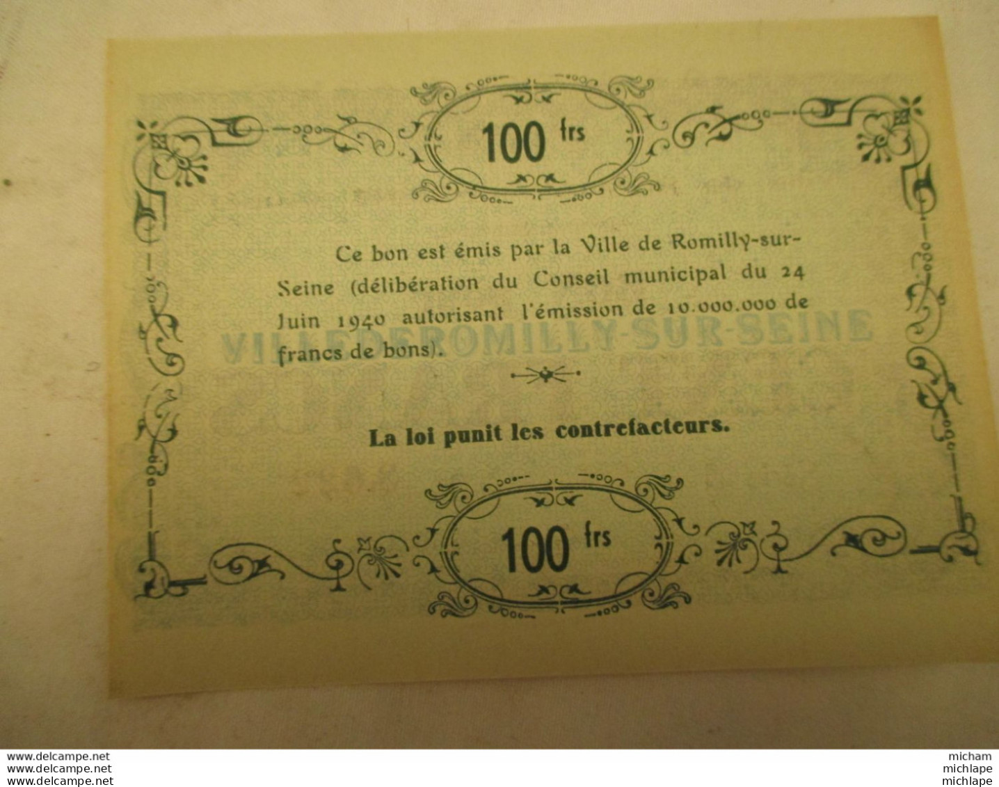Billet De Necessité   De 100 Francs De La Ville De Romilly Sur Seine -  Neuf - 1940 - Bons & Nécessité