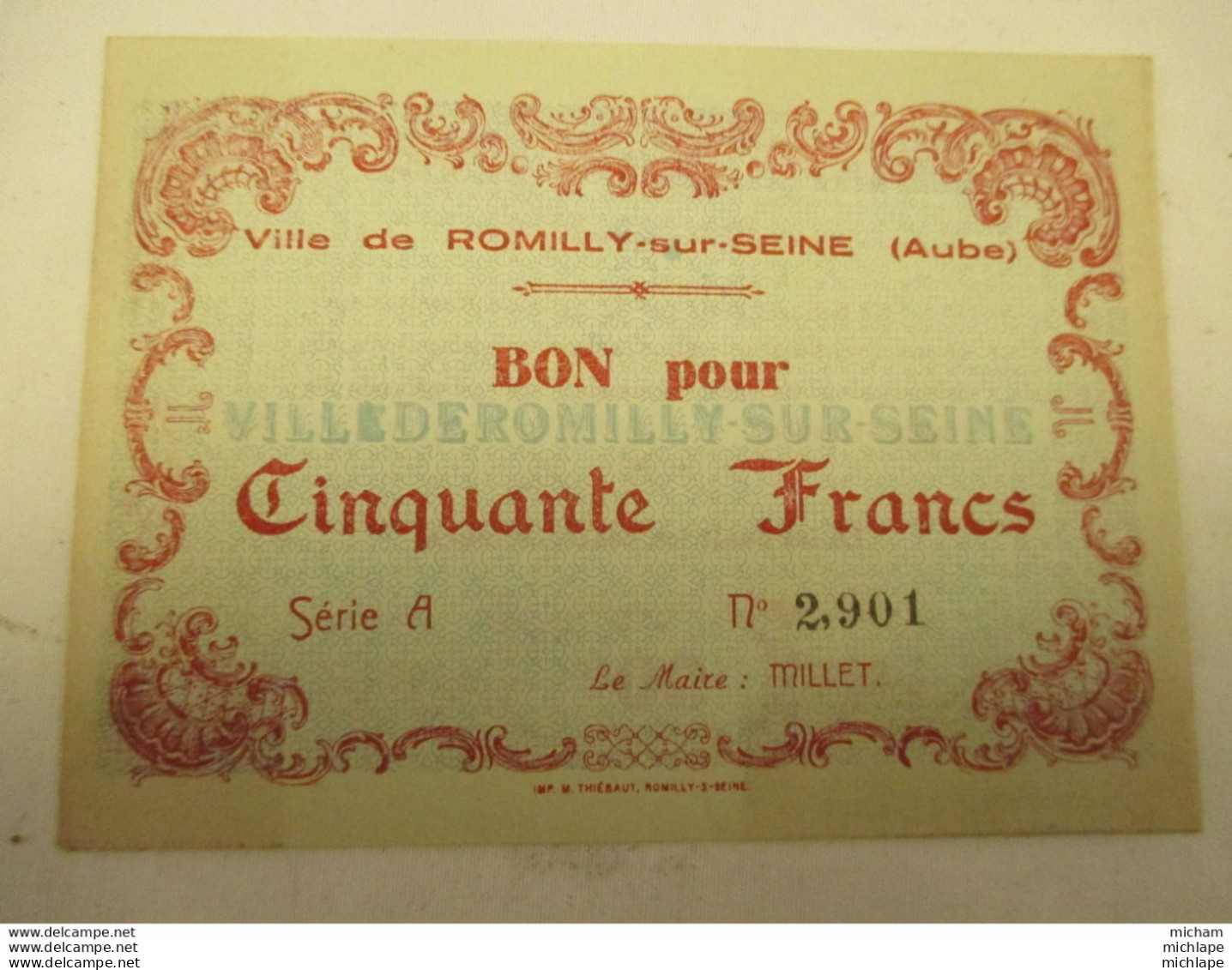 Billet De Necessité   De 50 Francs De La Ville De Romilly Sur Seine -  Neuf - 1940 - Bons & Nécessité