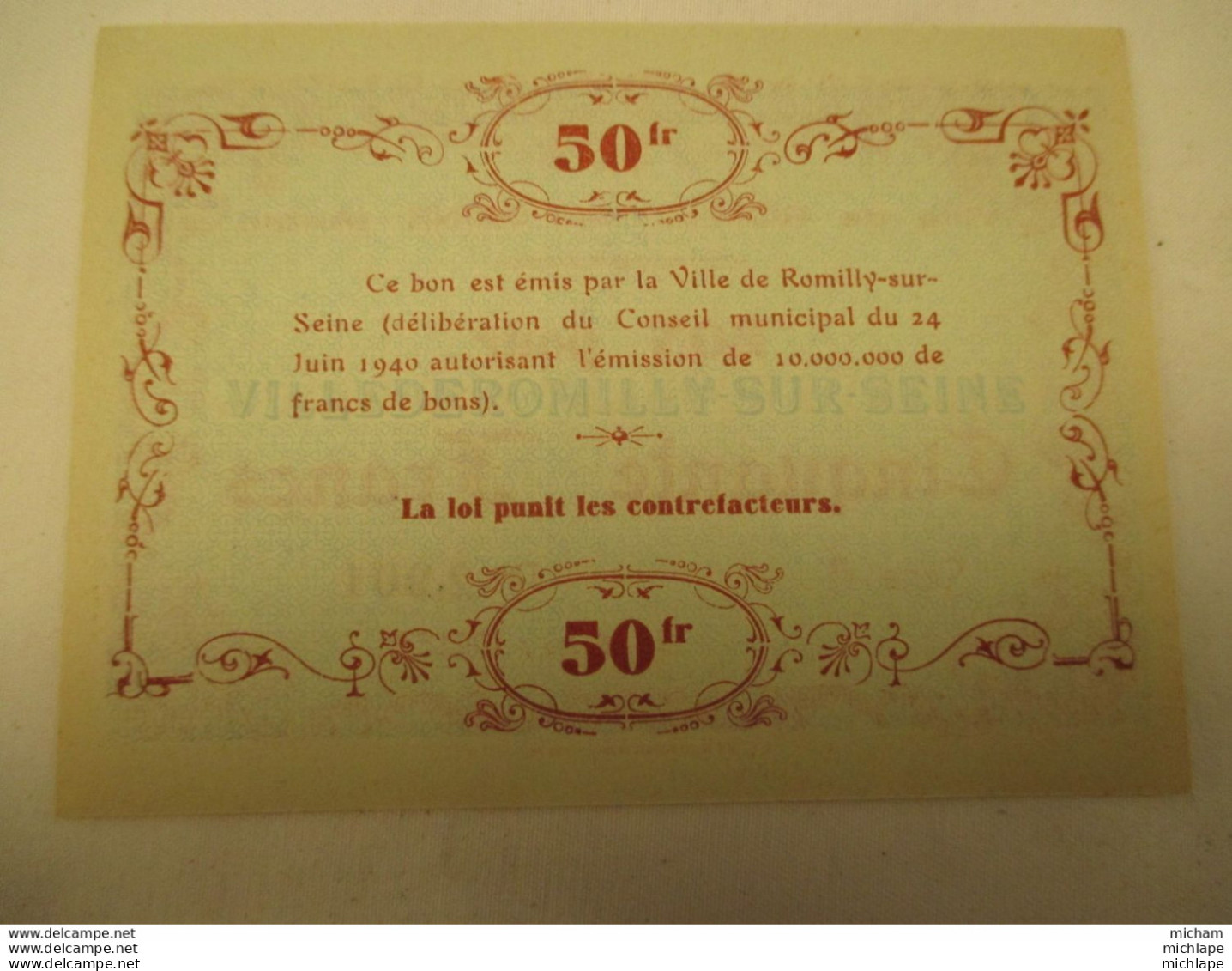 Billet De Necessité   De 50 Francs De La Ville De Romilly Sur Seine -  Neuf - 1940 - Bons & Nécessité