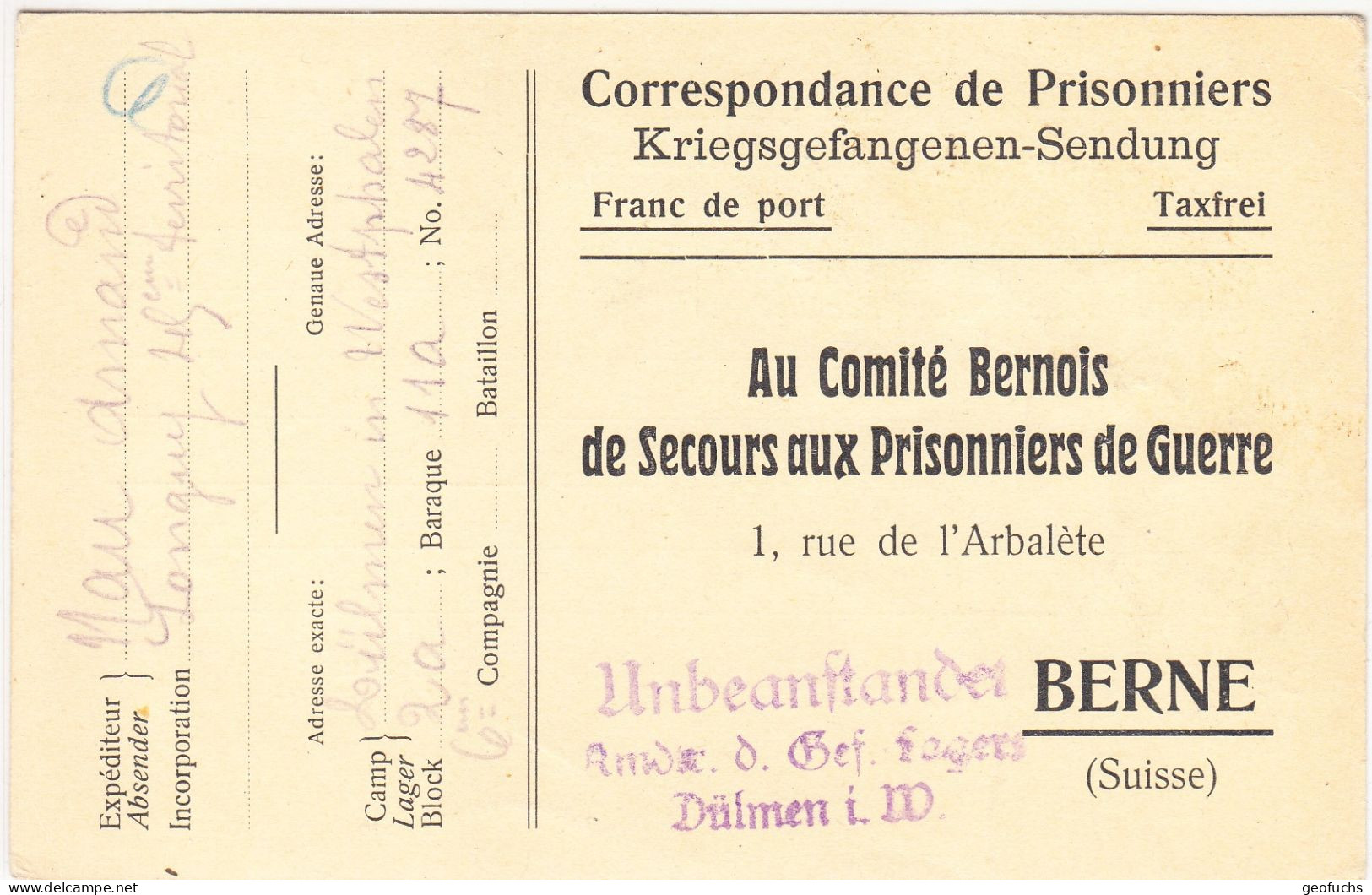 Carte En FM Du Comité De Secours Aux PG De Berne Adressée à PG Français Du Camp De DÜLMEN (Westphalie) Le 8.6.16 - Guerre De 1914-18