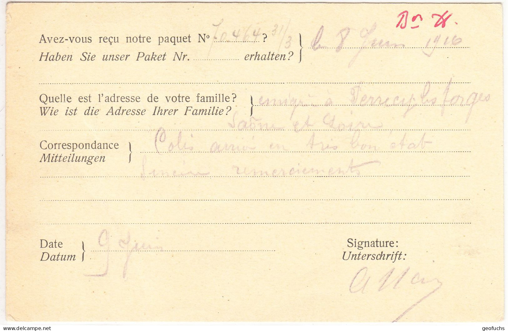 Carte En FM Du Comité De Secours Aux PG De Berne Adressée à PG Français Du Camp De DÜLMEN (Westphalie) Le 8.6.16 - Guerre De 1914-18