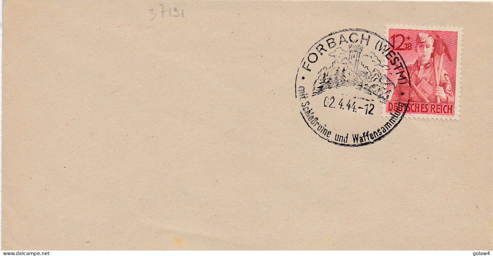 37191# LETTRE Obl FORBACH WESTMARK MIT SCHLOSSRUINE UND WAFFENSAMMLUNG 2 Avril 1944 MOSELLE - Cartas & Documentos