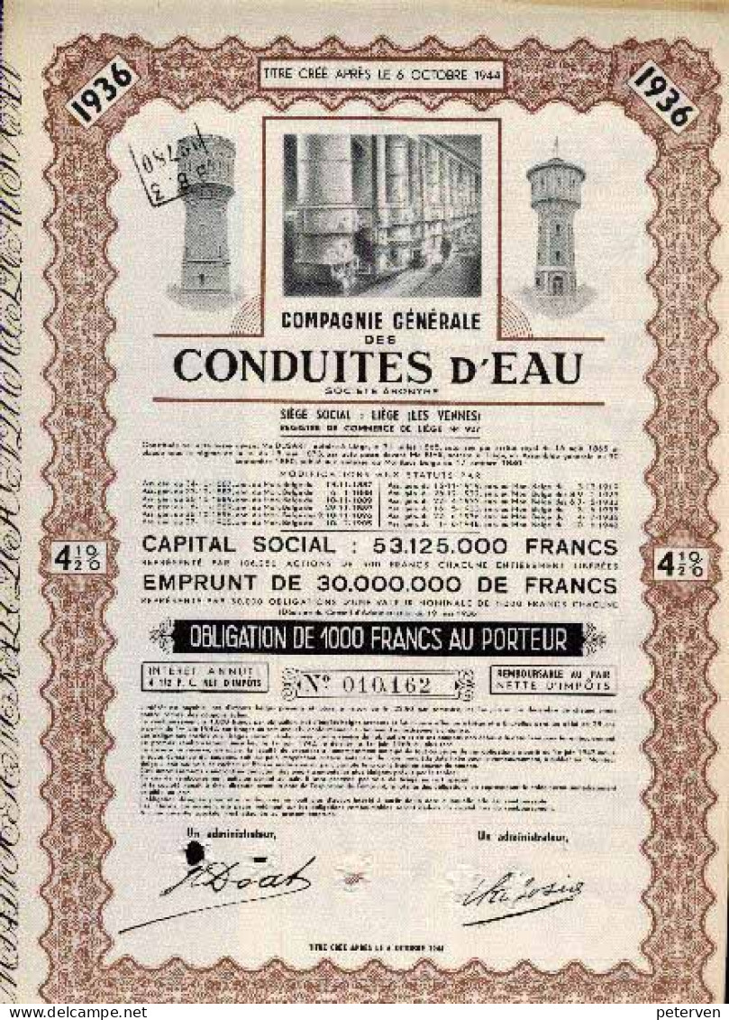 CONDUITES D'EAU; Obligation De 1936 - Eau