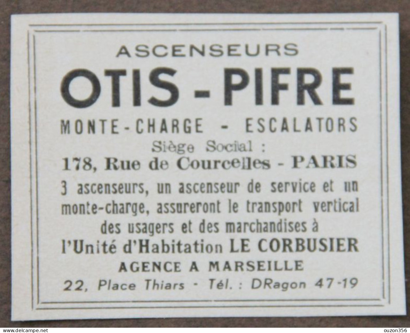 Publicité : Ascenseurs OTIS-PIFRE, Monte-charge, Escalators, Paris, Agence à Marseille, Le Corbusier, 1951 - Advertising