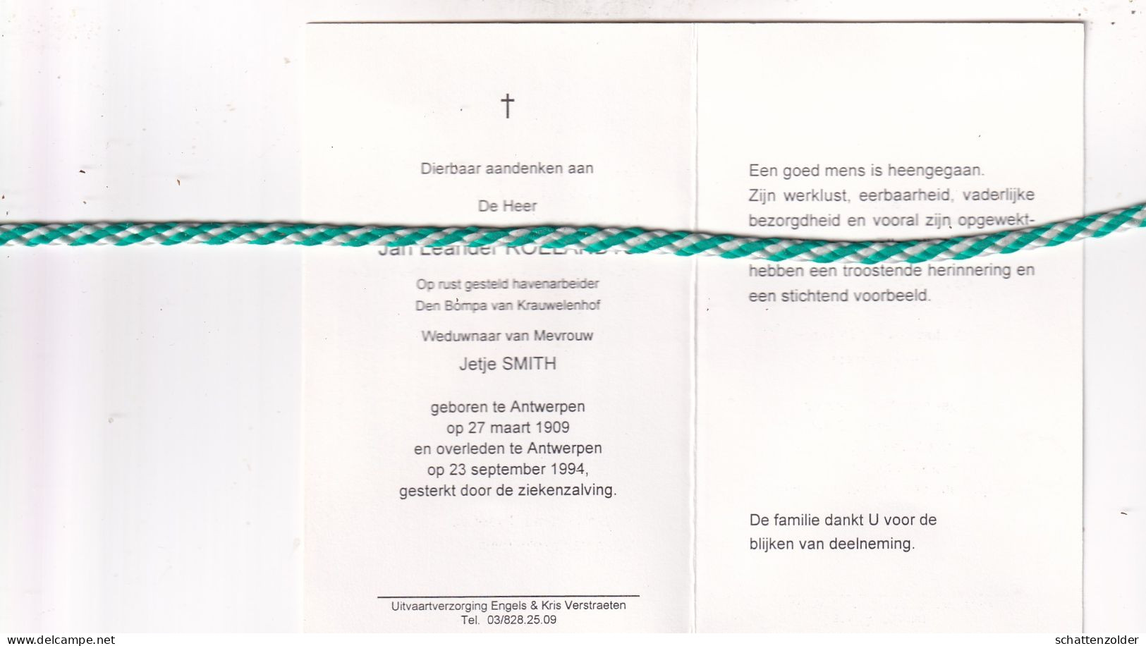 Jan Leander Roelandts-Smith, Antwerpen 1909, 1994 - Obituary Notices