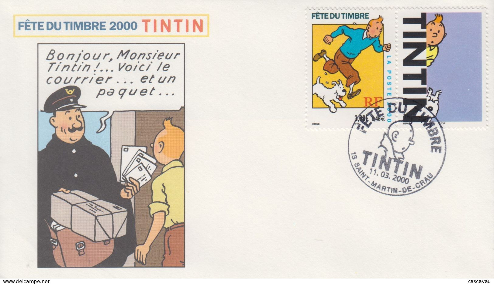 Enveloppe  FDC  1er  Jour    FRANCE    TINTIN      FETE  DU  TIMBRE     SAINT  MARTIN  DE   CRAU   2000 - 2000-2009