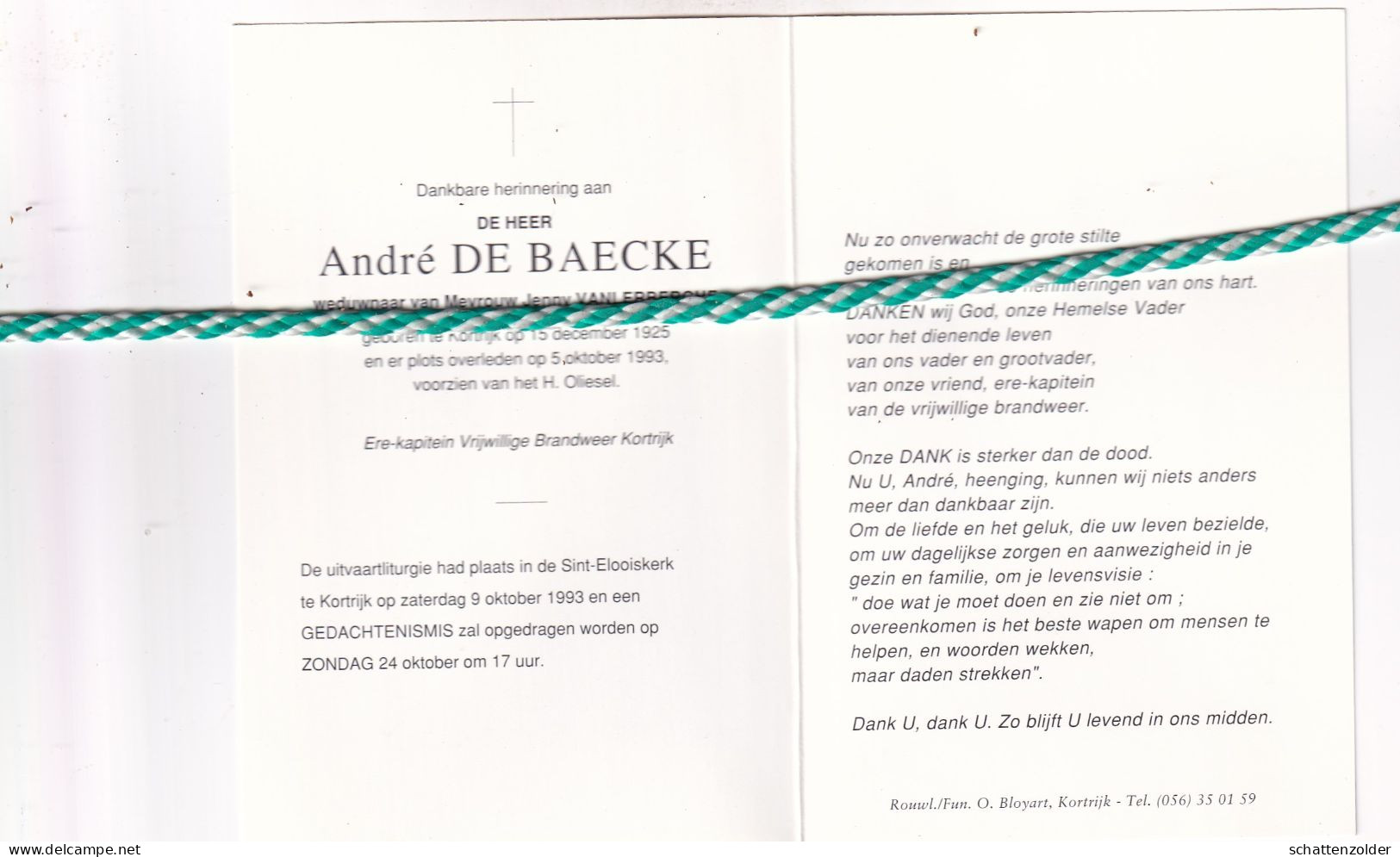André De Baecke-Vanlerberghe, Kortrijk 1925, 1993. Foto Ere Kapitein Brandweer Kortrijk - Décès