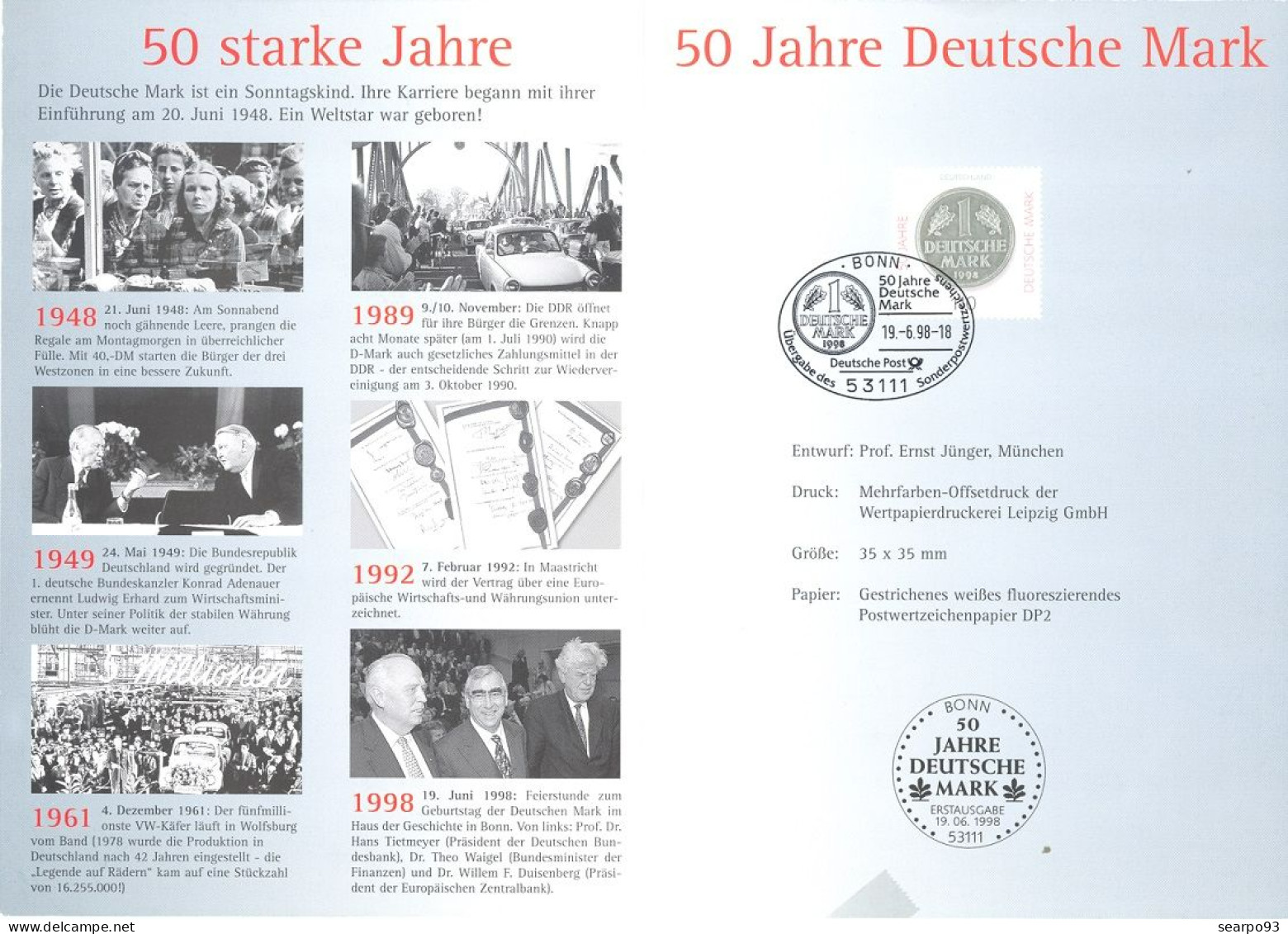 GERMANY. FIRST DAY. 50th ANNIV. GERMAN MARK. 1998 - Autres & Non Classés