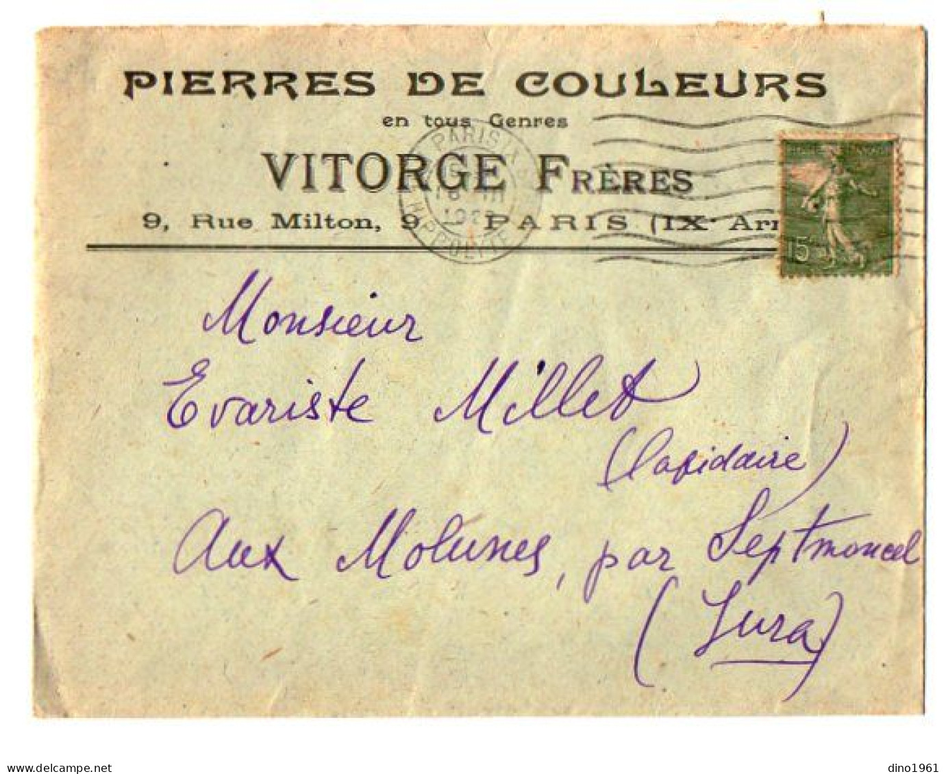 TB 4817 - 1920 - LSC - Pierre De Couleurs VITORGE Frères à PARIS Pour M. MILLET, Lapidaire à MOLUNES Par SEPTMONCEL - 1877-1920: Semi Modern Period