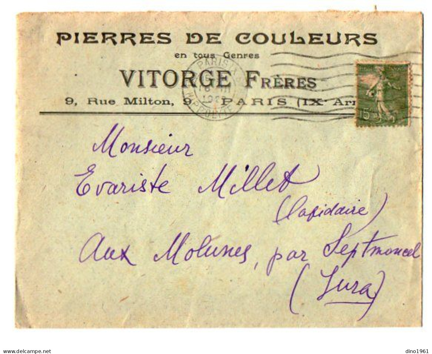 TB 4817 - 1920 - LSC - Pierre De Couleurs VITORGE Frères à PARIS Pour M. MILLET, Lapidaire à MOLUNES Par SEPTMONCEL - 1877-1920: Semi-Moderne