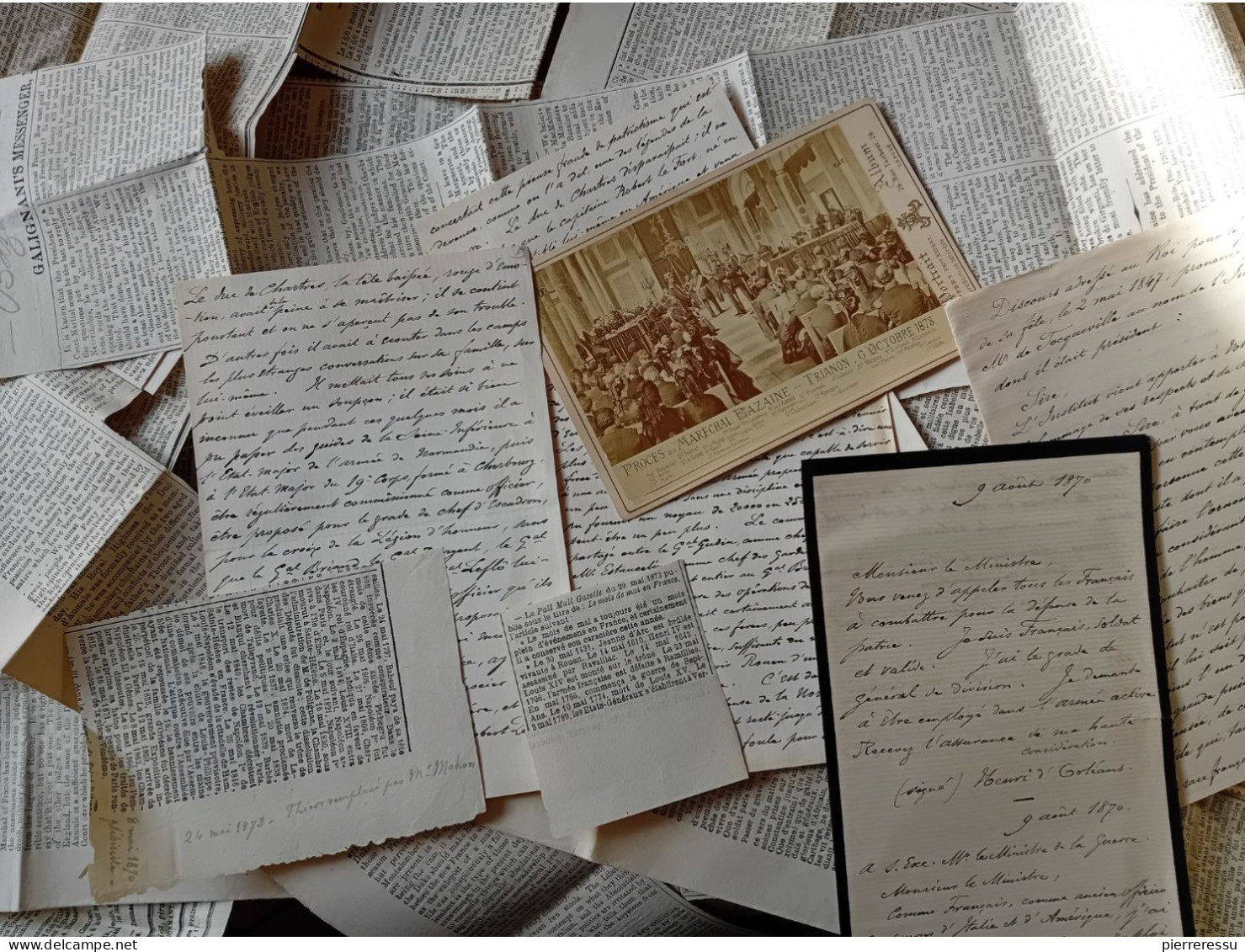 PHOTO APPERT A PARIS PROCES MARECHAL BAZAINE MANUSCRITS DUC D AUMALE ? DIVERSES COUPURES DE JOURNAUX TRIANON 1873 - Historische Documenten