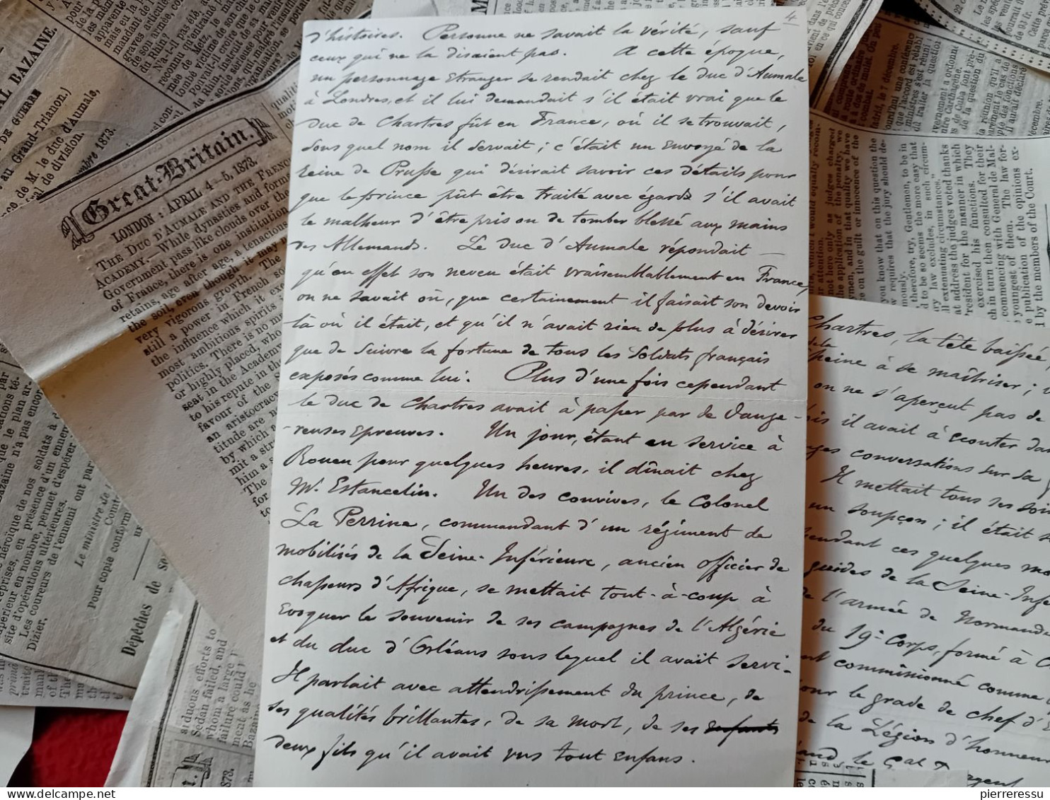 PHOTO APPERT A PARIS PROCES MARECHAL BAZAINE MANUSCRITS DUC D AUMALE ? DIVERSES COUPURES DE JOURNAUX TRIANON 1873 - Historical Documents