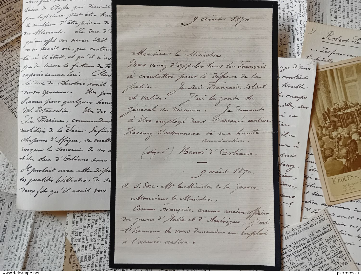 PHOTO APPERT A PARIS PROCES MARECHAL BAZAINE MANUSCRITS DUC D AUMALE ? DIVERSES COUPURES DE JOURNAUX TRIANON 1873