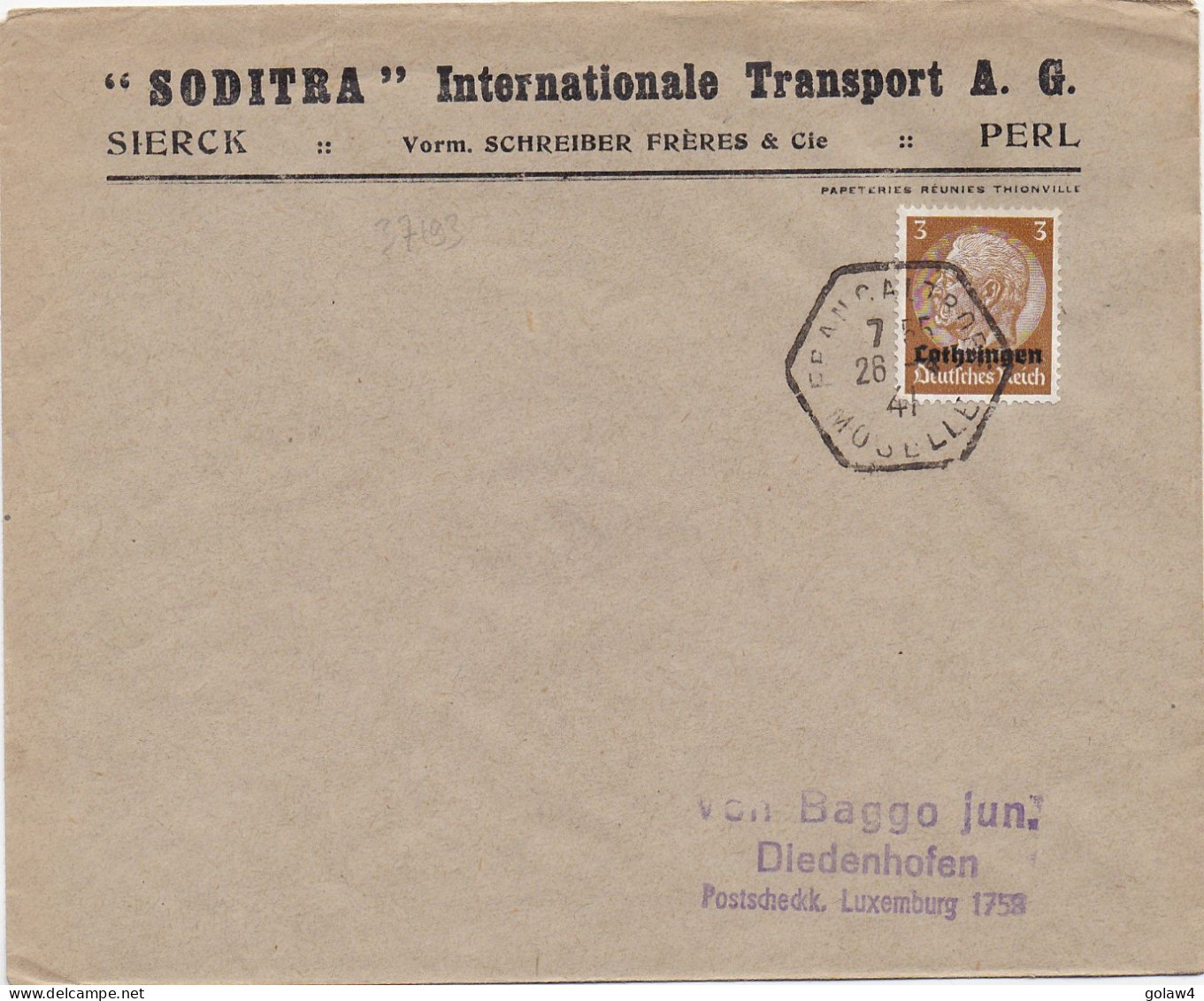37193# HINDENBURG LOTHRINGEN LETTRE Obl FRANCALTROFF MOSELLE 26 Avril 1941 MOSELLE THIONVILLE - Covers & Documents
