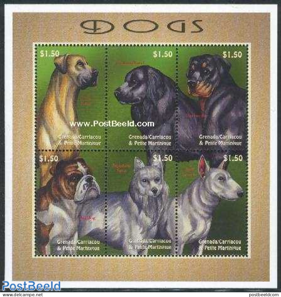 Grenada Grenadines 2000 Dogs 6v M/s, Mint NH, Nature - Dogs - Grenade (1974-...)