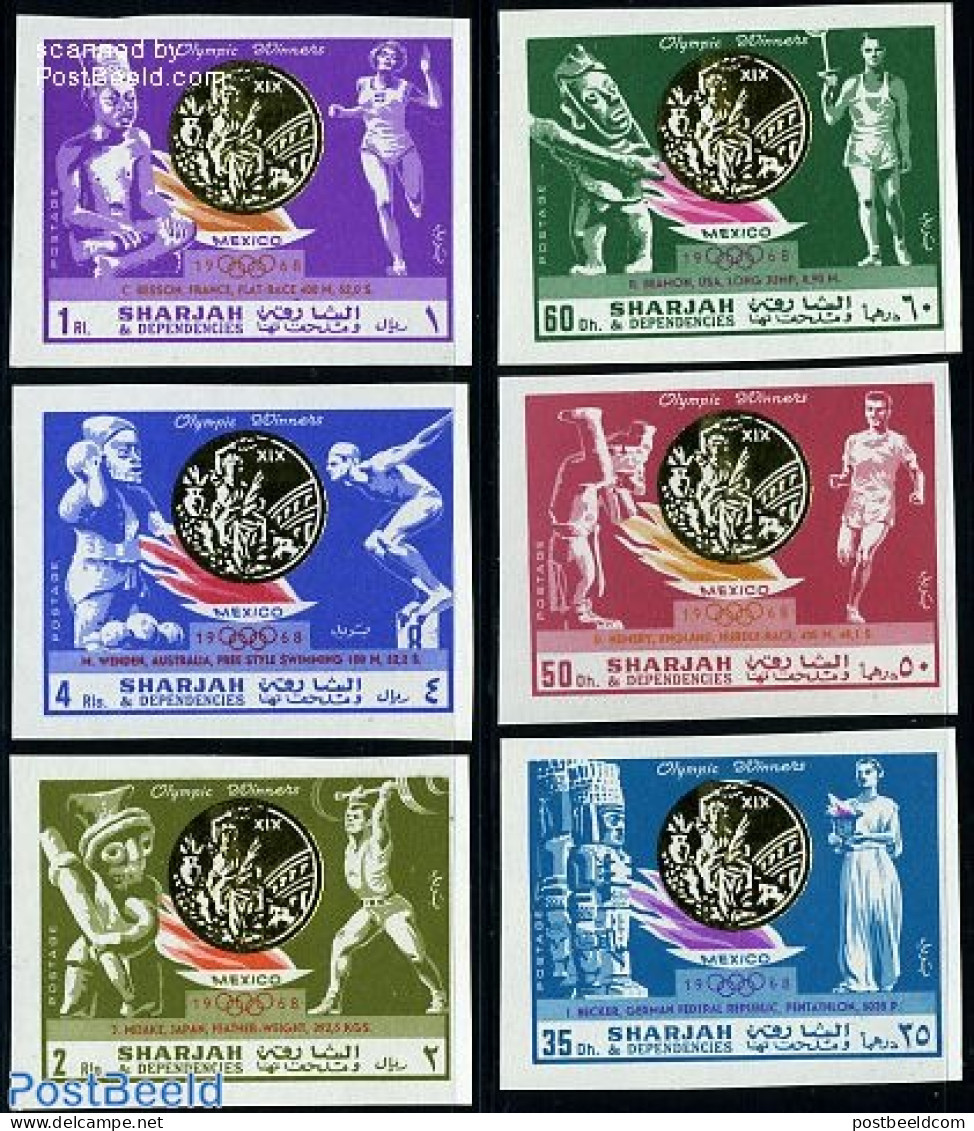 Sharjah 1968 Olympic Winners Mexico 6v Imperforated, Mint NH, Sport - Olympic Games - Schardscha